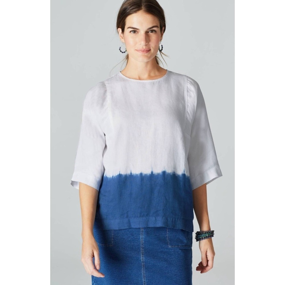 Pure Jill Linen Dip Dye Blouse Blue White 3/4 Sleeve Relaxed Lagenlook Top Large